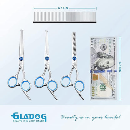 GLADOG Professional 5 in 1 Dog Grooming Scissors Set with Safety Round Tips, Sharp and Heavy-duty Pet Grooming Shears for Cats