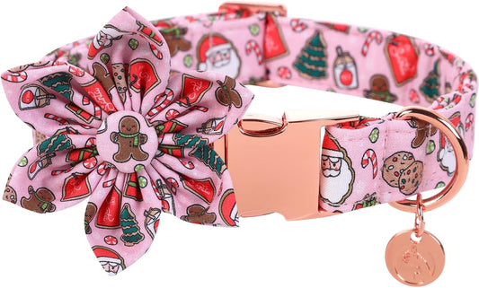 DOGWONG Christmas Dog Collar with Flower, Pink Santa Claus Dog Collar Gingerbread Man Soft Durable Adjustable Cotton Cute Girl Puppy Collar for Small Medium Large Dog