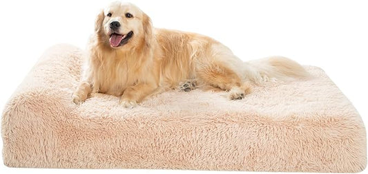 Jumbo Orthopedic Dog Bed for Large Dogs - 7-inch Thick Memory Foam Dog Bed with Pillow Removable Cover Machine Washable (Beige | Plush), 50''L x 34''W x 10''Th I Extra Large