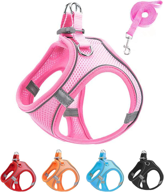 XS Pink Soft Mesh Dog Harness and Leash Set,No Escape Puppy Harnesses for Training Walking， Reflective Adjustable Puppy Vest for Small Medium Dogs, Cats (Pink, XS)