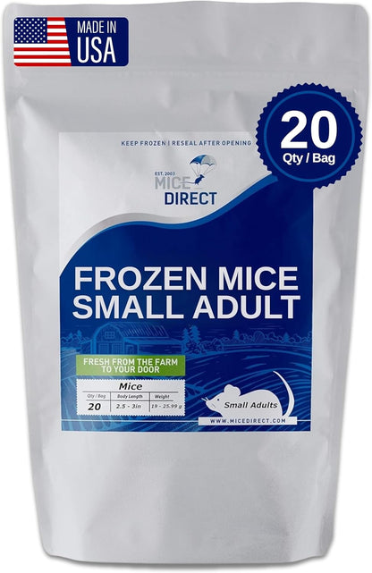 MiceDirect EST. 2003 20 Frozen Mice Small Adult Feeders Snake Food for Juvenile Red Tail Boas Ball Pythons Adult Sand Boas Milks Corn (2.5-3 in) (380 Grams Min)
