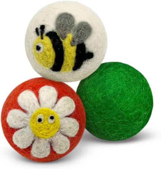 Hustle & Blush Wool Felt Balls - 3 Pack Love Ewe Pet Supplies – 2in Colorful & Durable Cat Toys Handmade from New Zealand, Ideal for Indoor Play and Mental Stimulation – Flower & Bee Design