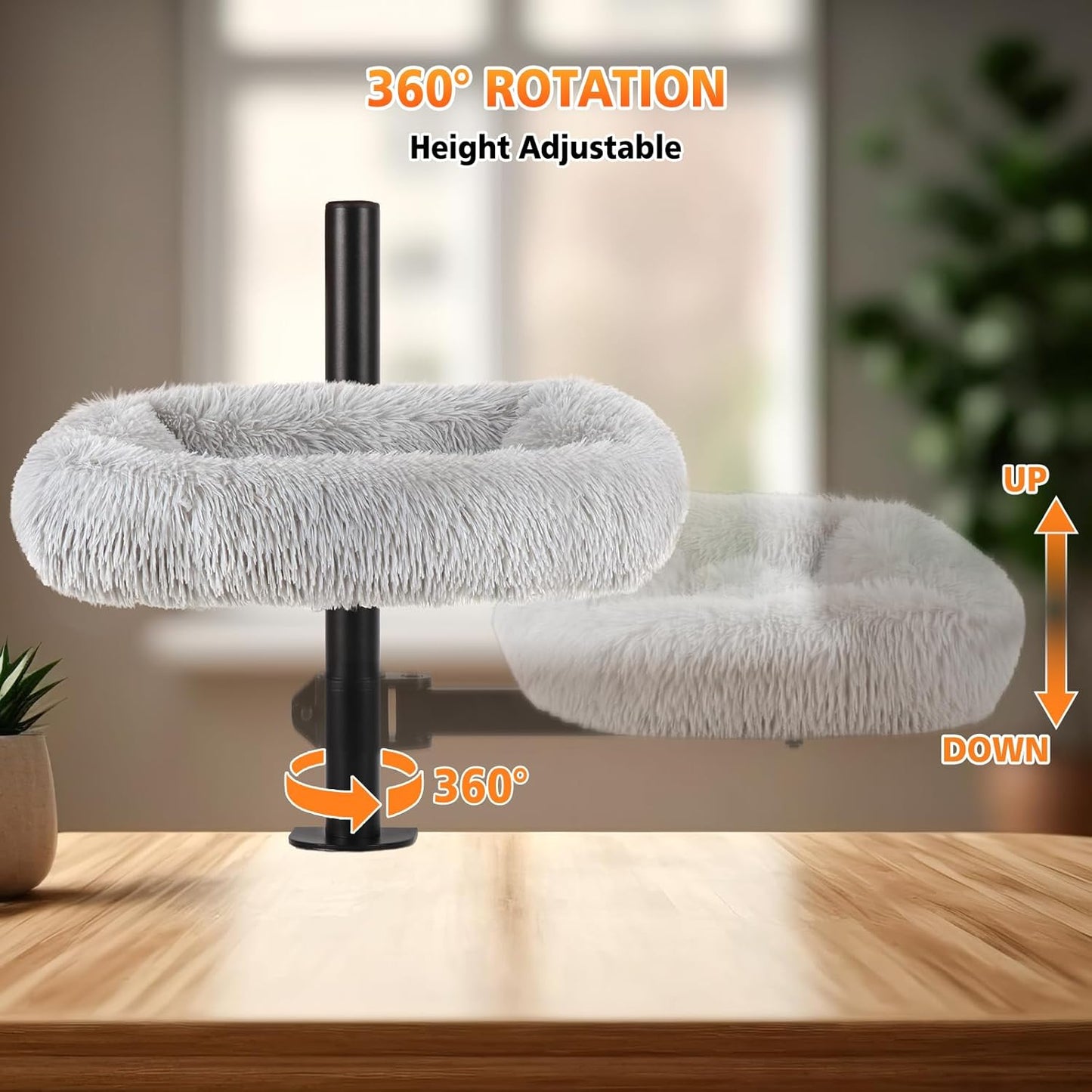 Large Cat Desk Bed - 360°Rotating Height Adjustable, Soft Removable Desk Cat Bed, Suitable for Gaming Desks and Office Desks, Maximum Weight Capacity Up to 35 lbs