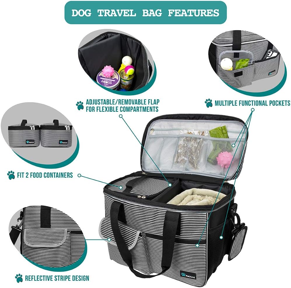 PetAmi Dog Travel Bag - Travel Pet Organizer with Food Container and Bowls, Perfect for Weekend Camping, Cat Diaper Bag (Stripe Black, Medium)
