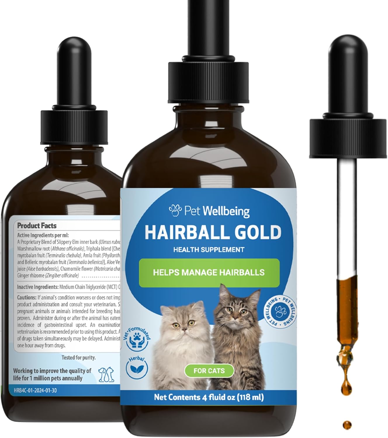 Pet Wellbeing Hairball Gold for Cats - Holistic Hairball and Digestive Care, Normal Elimination, Slippery Elm, MCT Oil, No Mineral Oil - Veterinarian-Formulated Herbal Supplement 4 oz (118 ml)