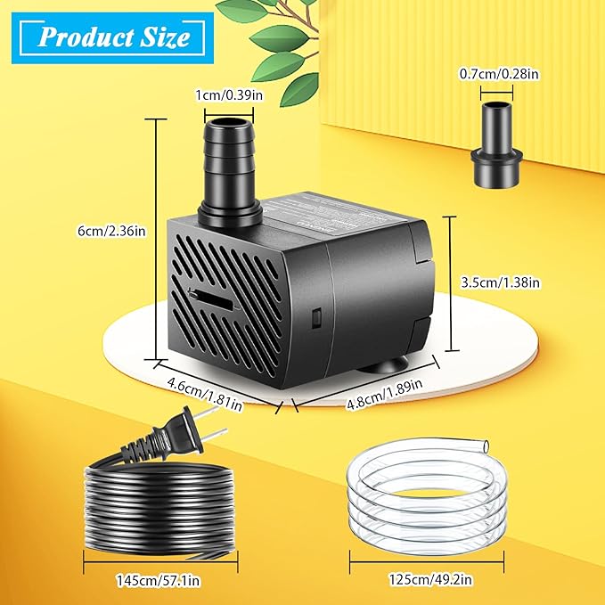 Submersible Pump, Small Fountain Pump with Tubing, Submersible Water Pump for Aquarium Fish Tank Indoor or Outdoor Pond Fountain Hydroponics Statuary (5W 95GPH, No Led Light)