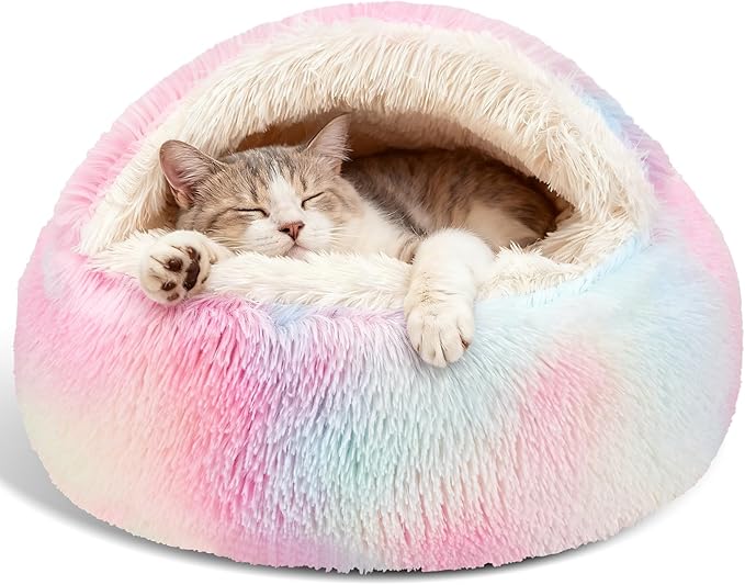 Calming Dog Beds & Cat Cave Bed with Hooded Cover,Removable Washable Round Beds for Small Medium Pets,Anti-Slip Faux Fur Fluffy Coved Bed for Improved Sleep,Fits up to 15/25 lbs(Colorful,S)