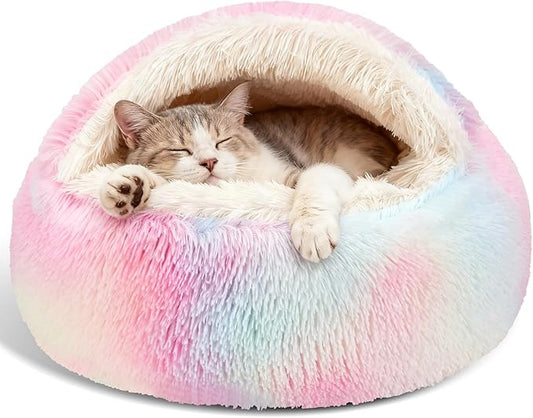 Calming Dog Beds & Cat Cave Bed with Hooded Cover,Removable Washable Round Beds for Small Medium Pets,Anti-Slip Faux Fur Fluffy Coved Bed for Improved Sleep,Fits up to 15/25 lbs(Colorful,S)