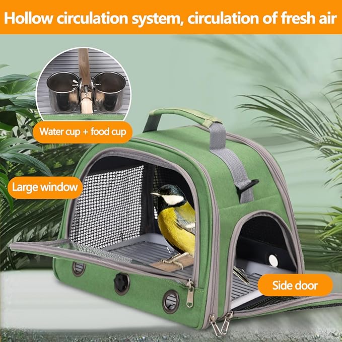 Bird Backpack,with Feeder Cups Tray Perch Portable Breathable Bird Carrier,for Small Birds Parrots Cockatiels (Green)