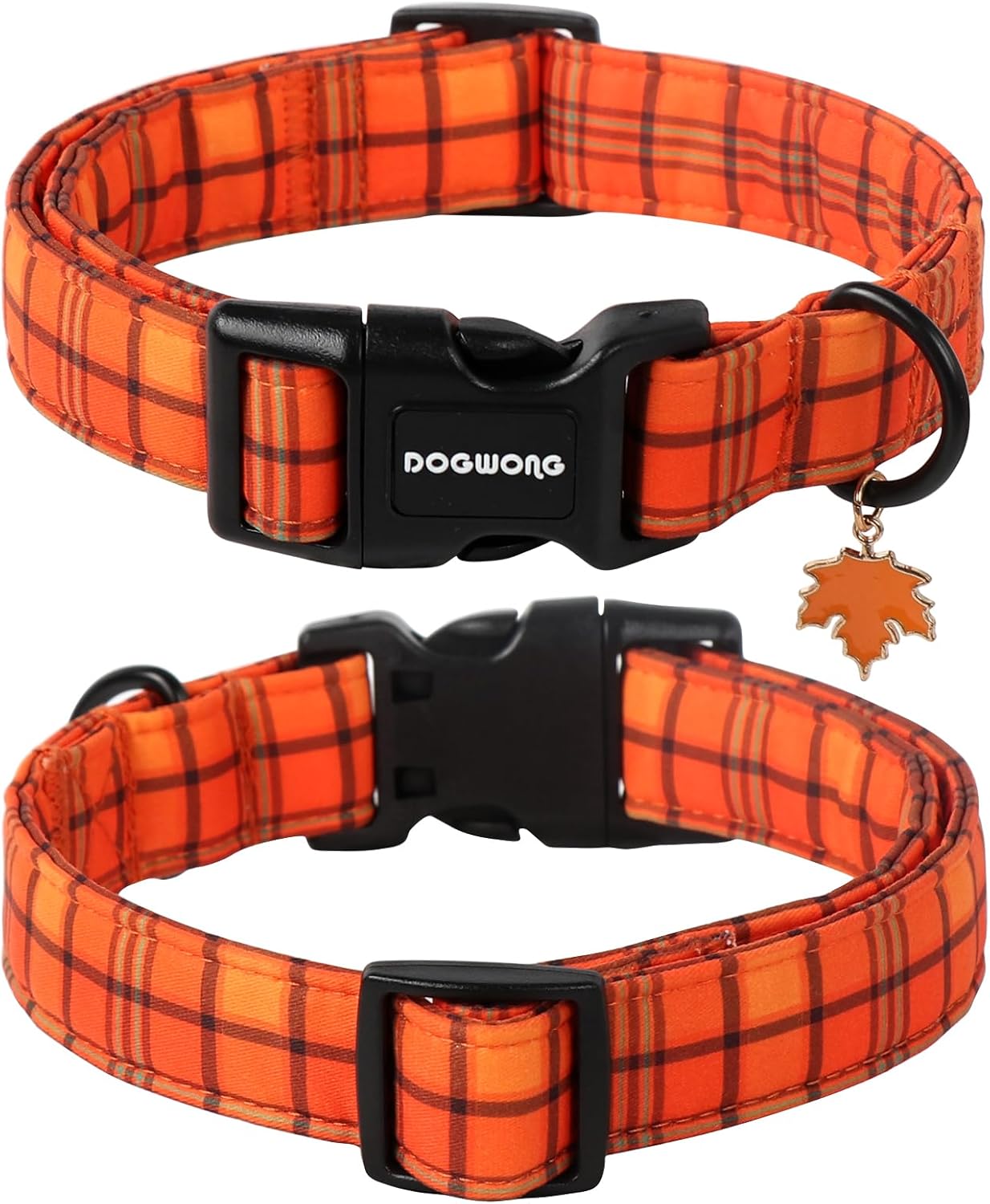 DOGWONG Fall Orange Plaid Dog Collar- Cute Designer Fall Checkered Dog Collars Adjustable Halloween Dog Collar for Small Medium Large Dogs XS