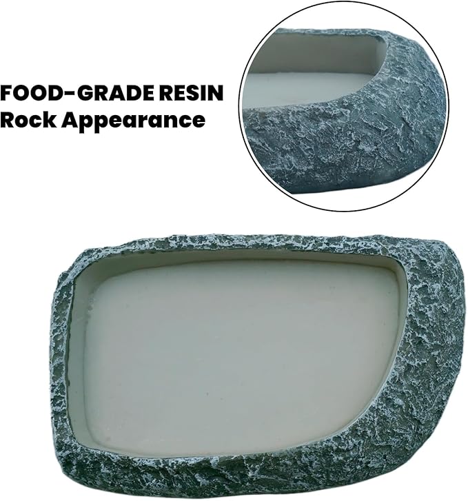 Reptile Feeding Dish, Water Dish and Food Bowl, Resin Rock Reptile Feeding Terrarium Corner Bowls for Bearded Dragon Lizard Frog Gecko Tortoise Hermit Crab Snail