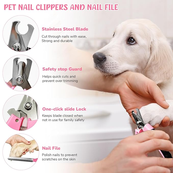 Dog Brush & Grooming Kit – 9-Piece Pet Brush & Deshedding Set for Shedding, Bathing, Trimming & Nail Care | Grooming Tools for Dogs & Cats, Includes Comb, Nail Clipper, Scissors, Slicker Brush (Pink)