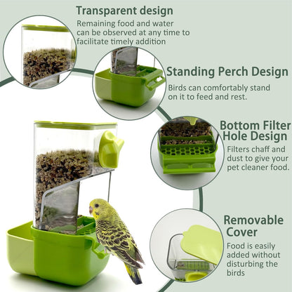 Automatic Bird Feeder for Cage, No Mess Automatic Bird Feeder Water Dispenser Set Acrylic Parrot Food Container Drinker Cage Accessories for Parakeet Canary Finch Cockatiel Lovebirds