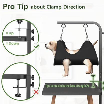 Adjustable Dog Grooming Arm with Clamps: 42" Height-Adjustable Pet Grooming Stand with Hammock and No-Sit Haunch Holders, Ideal for Home Grooming, Trimming, and Nail Clipping (Table Not Included)
