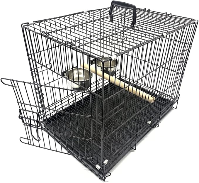 Metal Foldable Bird Parrot Travel Vet Carrier Cage with Wooden Perch and Stainless Steel Dishes Prevent Beaks Out