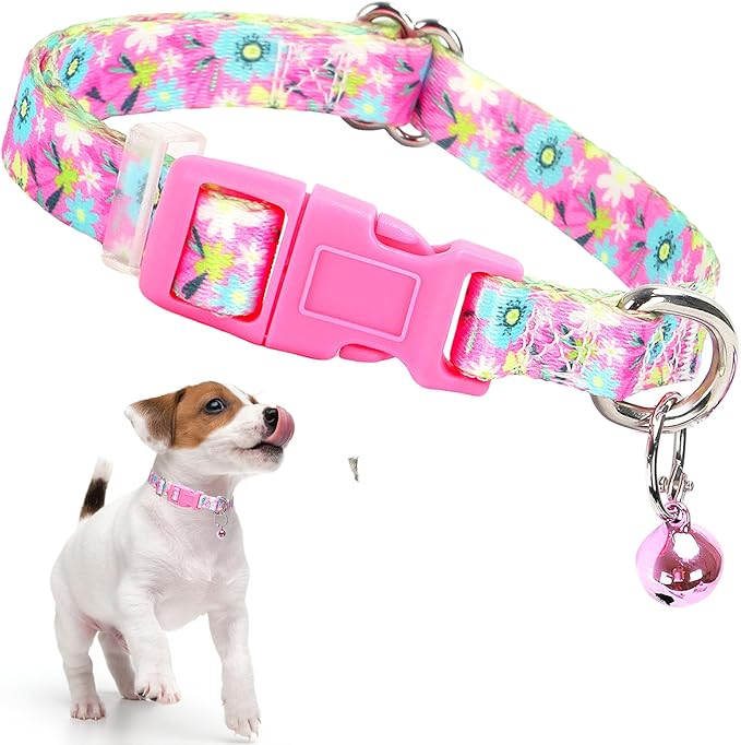 Pink Floral XS Dog Collar with Bell, Pretty Cute Flower Girl Puppy Collar Tiny Cat Collars with Bells for XS Small Pet Female Dogs Kitten Little Animal, XSmall