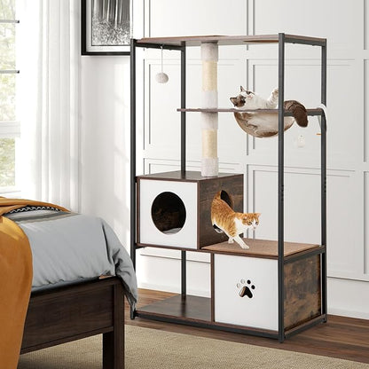 Tangkula Modern Cat Tree, 52 Inch Multi-Level Cat Tower with Metal Frame, 2 Wooden Condos, Sisal Scratching Posts, Detachable Cushion & Mats, Dangling Balls, Space Capsule Nest for Indoor Cats