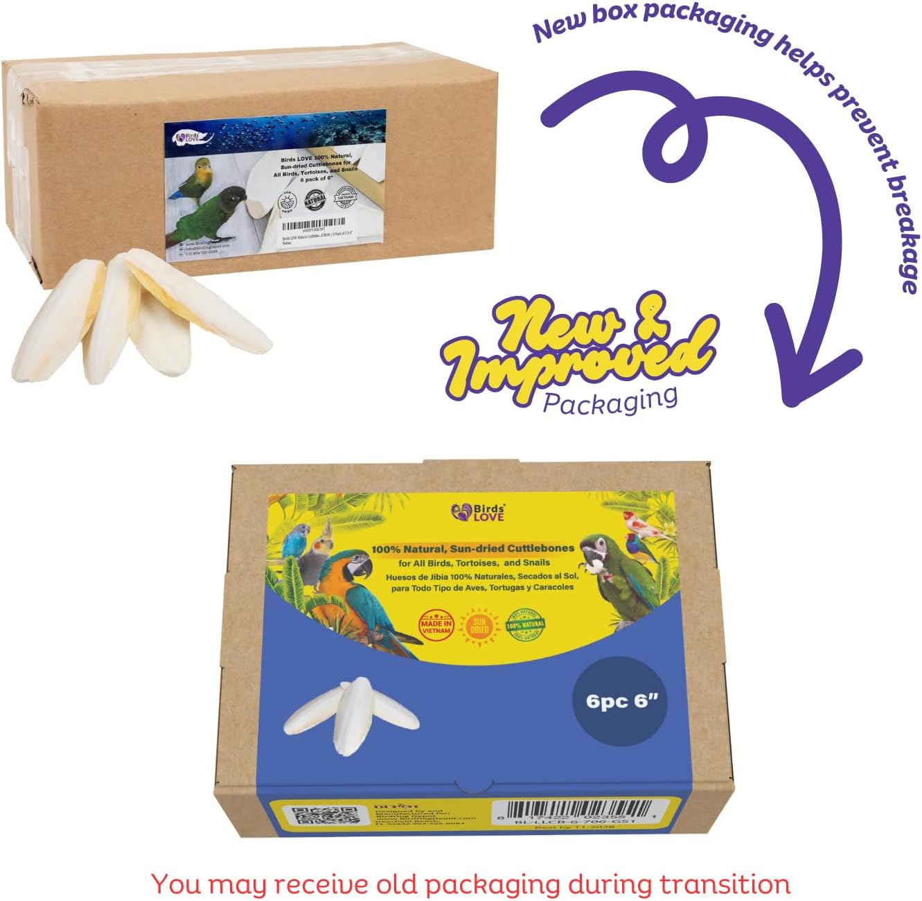 Birds LOVE Natural Cuttlebone | 100% Pure Sun-Dried Calcium Supplement for Birds, Tortoises, Snails & Crabs | Supports Beak & Shell Health | Easy to Chew | 6 Pack, Size 5.5 to 6"