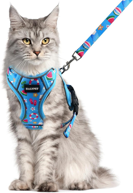 Halypet Cat Harness and Leash Set for Walking, Escape Proof Adjustable Vest Harness with 3-in-1 Integrated Buckles, Easy Control Soft Breathable Mesh with Reflective Strips for Cats, M, Ocean Blue