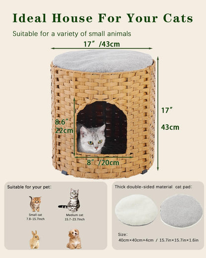 Cat House for Indoor Cat, Large Double Cat Houses Cat Bed Cave, Handwoven Rattan Pet Beds with One Soft Pad, 17 x 17 x 17 Inches Foldable Kitten Hideaway in Living Room Natural