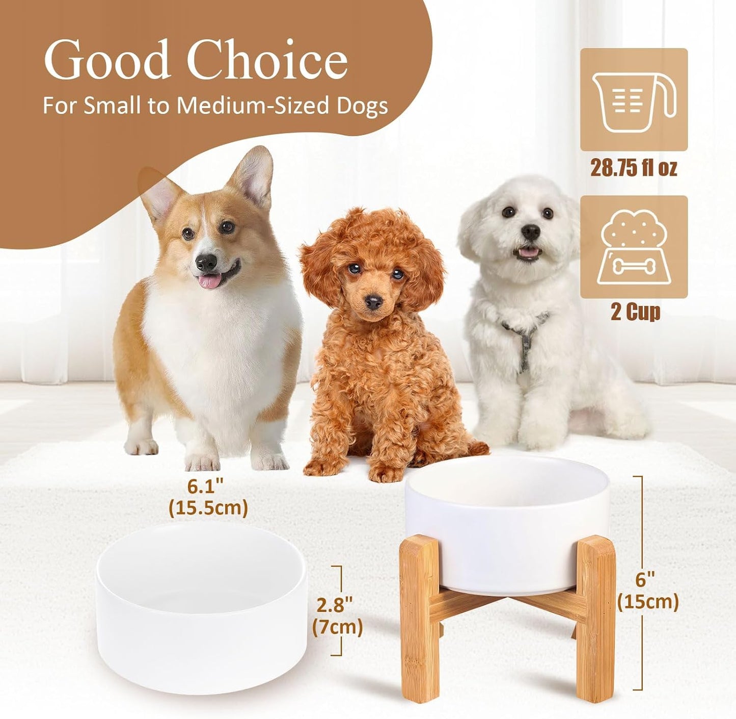 LIONWEI LIONWELI Ceramic Raised Dog Bowls, Medium - Set of 2 - Non Slip Wood Stand - Anti Vomiting - 850 ml - White