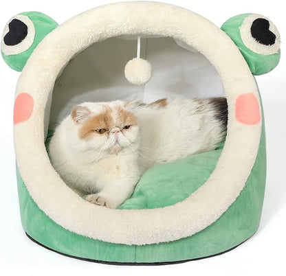 Jiupety Cute Cat Bed, Indoor Lovely Velvet Igloo for Cat and Small Dog, Warm Cave Sleeping Nest Bed for Puppy and Kitten, Green Frog, L