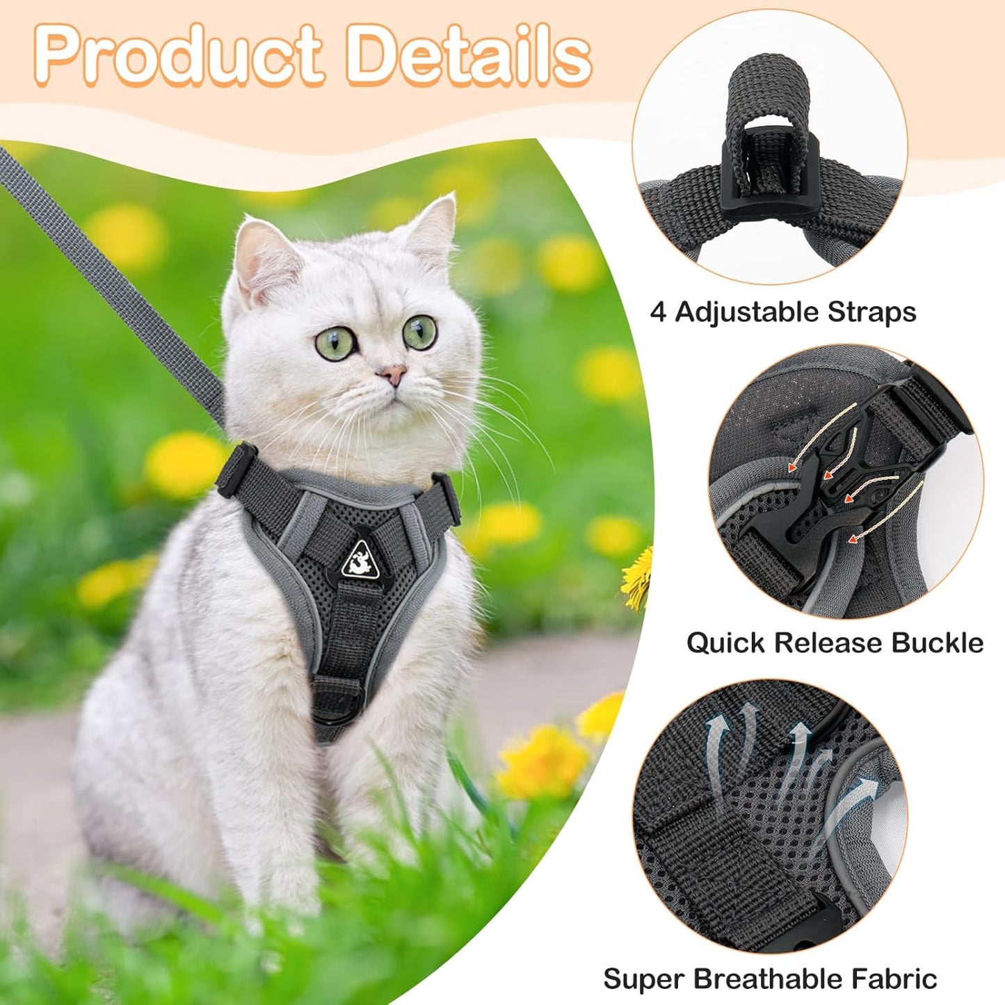 Cat Harness and Leash for Walking Soft Cat Harness Escape Proof, Adjustable Kitten Harness Cat Leash Reflective Strips Jacket, Breathable Cat Vest Harness Set for Kitten Easy to Wear Outdoor Walking