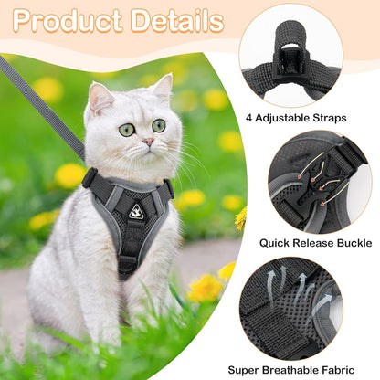 Cat Harness and Leash for Walking Soft Cat Harness Escape Proof, Adjustable Kitten Harness Cat Leash Reflective Strips Jacket, Breathable Cat Vest Harness Set for Kitten Easy to Wear Outdoor Walking