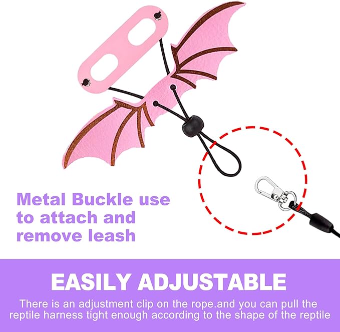 3 Sizes Adjustable Soft Leather & Nylon Bearded Dragon Harness and Leash Set Reptile Lizard Leashes for Outdoor Walking-Pink
