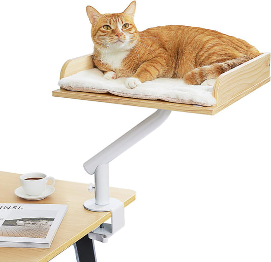 PAWZ Road Cat Desk Bed, Wooden Cat Bed for Desk Supports Up to 50 lbs, 360° Rotation & Adjustable, Nest Desktop Attachment Cats Hammock for Table, Beige