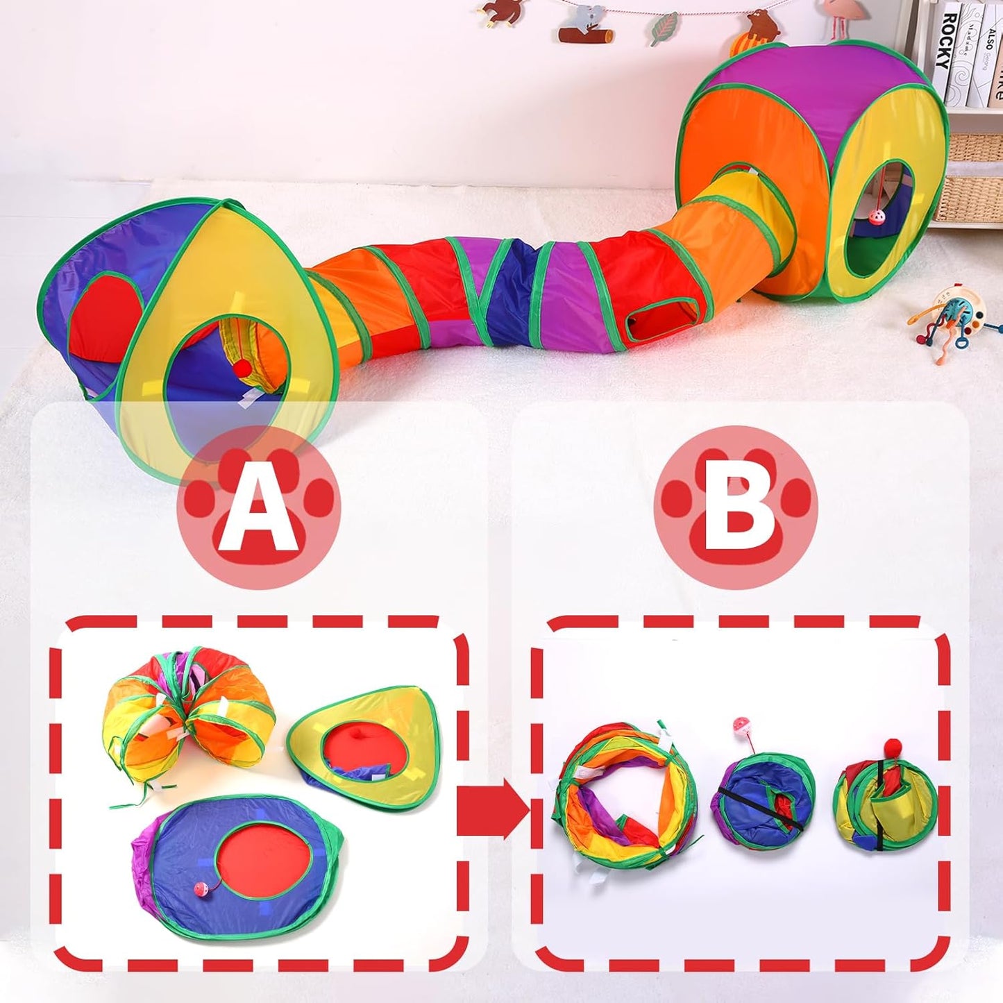 Pet Cat Tunnel, Tent Kit Tunnels for Indoor Cats, Collapsible Pet Tunnel for Kitten, Puppy, Rabbit, 25cm-Wide Tunnels, Durable & Breathable, with Peek Hole Toy Ball