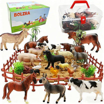 BOLZRA Farm Animal Figurines, Realistic Plastic Animals Toys with Fences Building Blocks, Farm Figures Playset Educational Birthday Gift for Kids & Toddlers, 53 PCS