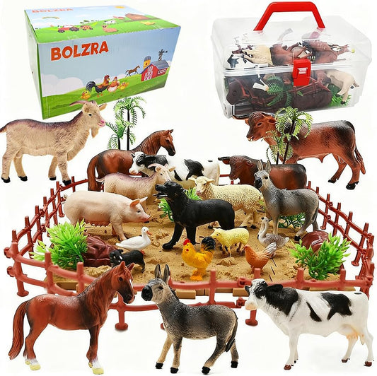 BOLZRA Farm Animal Figurines, Realistic Plastic Animals Toys with Fences Building Blocks, Farm Figures Playset Educational Birthday Gift for Kids & Toddlers, 53 PCS