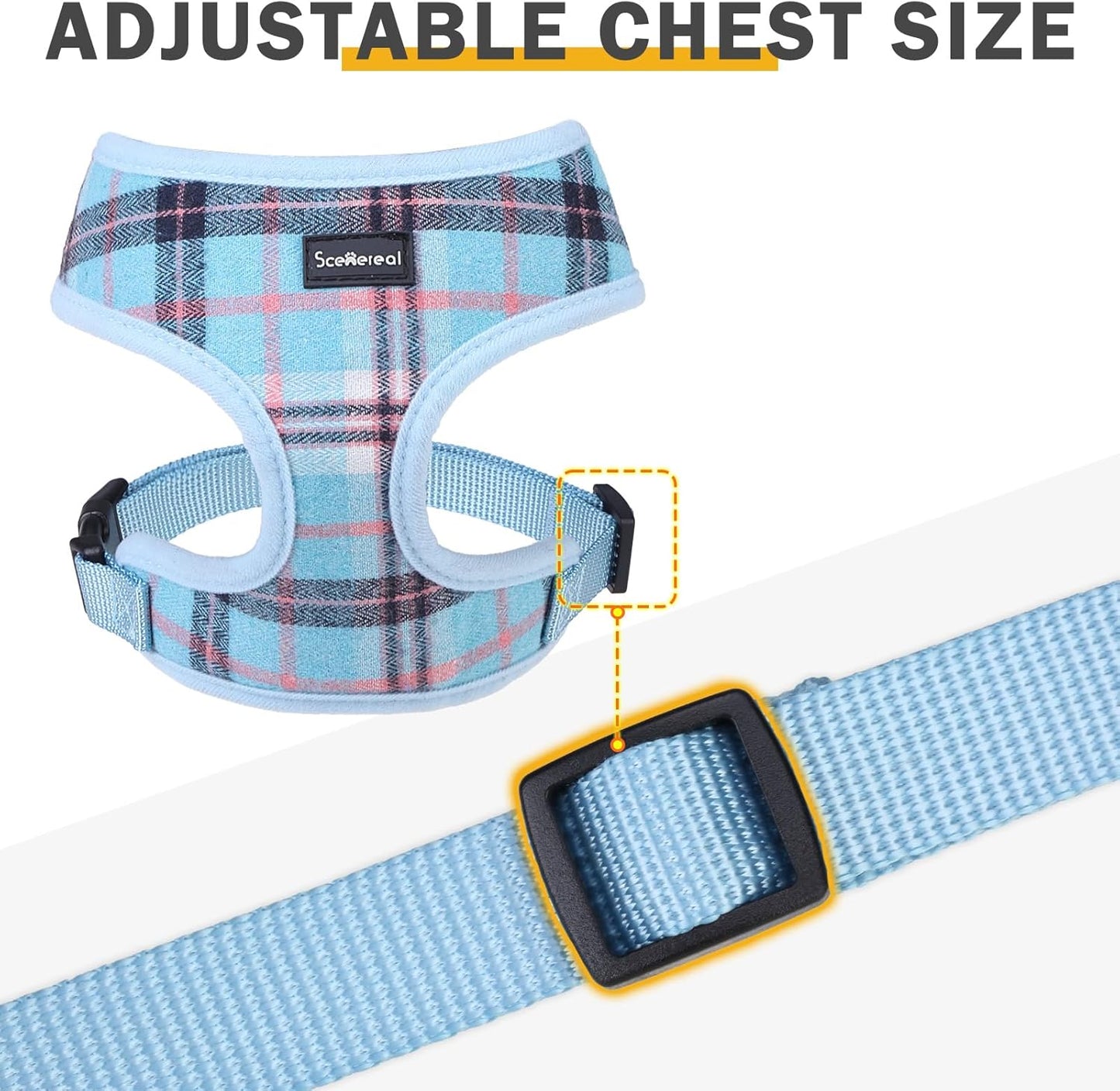 SCENEREAL Puppy Dog Harness with Leash Set for Small Medium Sized Dogs, Soft Mesh Step in Pet Harnesses and Leash, No Chock Plaid Adjustable No Pull Vest for Dogs Cats, Chihuahua,Bulldog (Blue M)