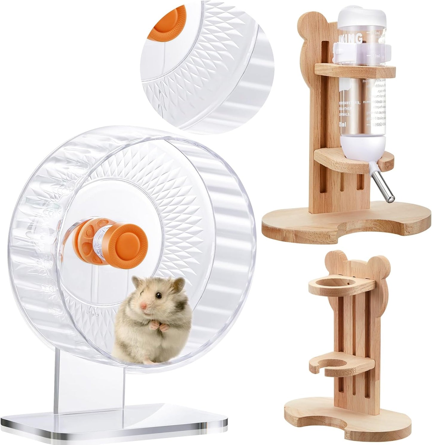 2 Pcs 9 Inch Transparent Adjustable Silent Hamster Exercise Wheels and Hamster Water Bottle Set Guinea Pig Running Wheels with Stand Water Dispenser Stand Holder for Guinea Small Animal