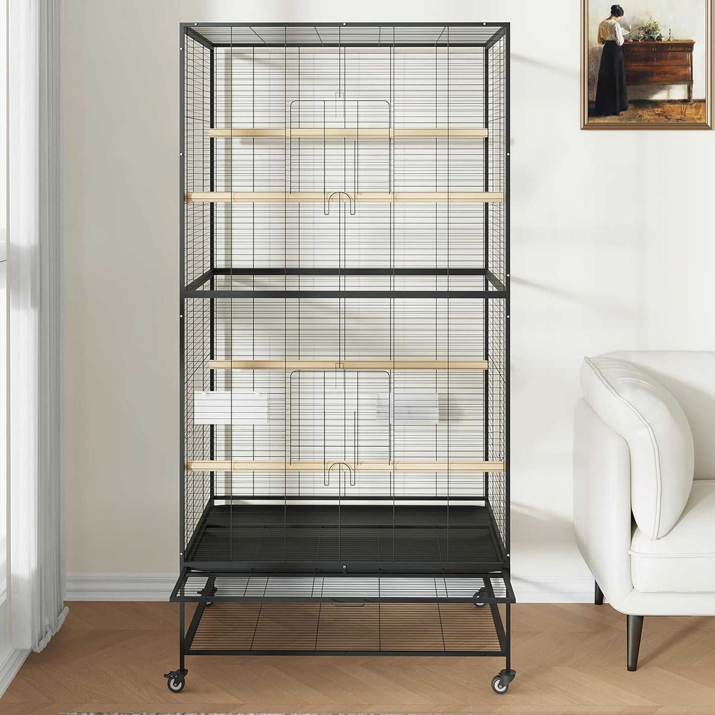 66 Inch Large Bird Cage Metal Parrot Cage with Storage Shelf for Mid-Sized Parrots Cockatiels Conures Parakeets Lovebirds Budgie Finch Black