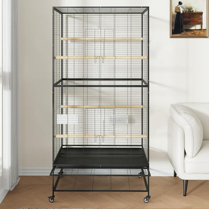 66 Inch Large Bird Cage Metal Parrot Cage with Storage Shelf for Mid-Sized Parrots Cockatiels Conures Parakeets Lovebirds Budgie Finch Black