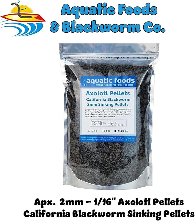 Aquatic Foods Inc. Axolotl Blackworm Pellets. 2mm-1/16 Sinking California Blackworm Small Pellets for Small Axolotl, Frogs, Shrimp, Salamanders, Newts, Snails…2 & 1/2-lbs Pouch Bag