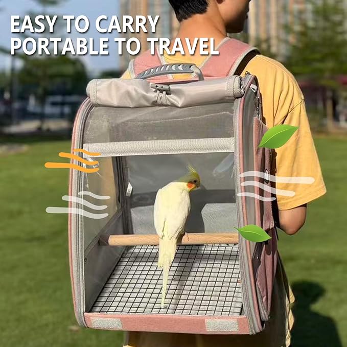 Bird Carrier Backpack, Portable Travel Bird Cage with Standing Perch, 2 Feeder Cups, Iron Mesh Stand & Removable Tray Lightweight, Breathable Mesh Window for Parrot Carrier，Easy Clean (Pink)