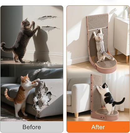 Cat Scratcher, 2 in 1 Multifunctional 26.8 Inch L Shape Cat Scratch Pad Wall Mounted with Oval Cat Bed Bowl and Built-in Toy Balls for Indoor Cats (1 PCS Cat Scratcher Include Toy Balls)