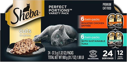 Sheba Perfect Portions Wet Cat Food Cuts in Gravy Variety Pack, Roasted Chicken Entree and with Sustainable Tuna, 2.6 oz. Twin-Pack Trays (12 Count, 24 Servings)