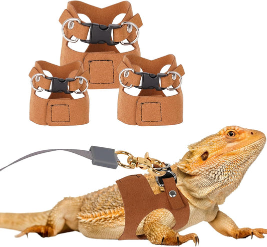 3 Pack Bearded Dragon Harness and Leash Set, Bearded Dragon Leash, Soft Leather Harness with 6.56FT/2M Retractable Leash, Small Animal Easy Walk Harness for Ferret, Rabbit, Hamster, Lizard (Brown)