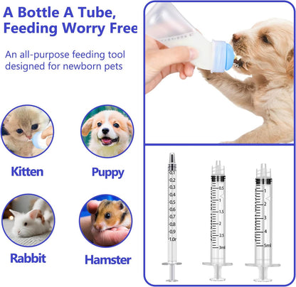 Pet Feeding Bottle and Syringes, 3 Sizes Nipples with Ventilation Valve Resistant Tearing Perfect for Puppies, Kittens, Small Wildlife (Blue)