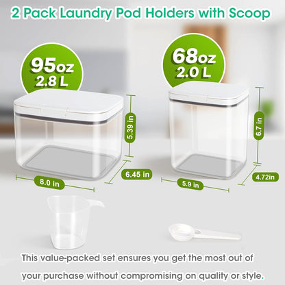 2 Pack Laundry Pods Container with One-Click Pop-up Lid, 95 oz + 68 oz Laundry Room Detergent Storage Container for Laundry Powder, Scent Booster, Dryer Sheet, Dryer Ball, Dishwasher Pod Holder