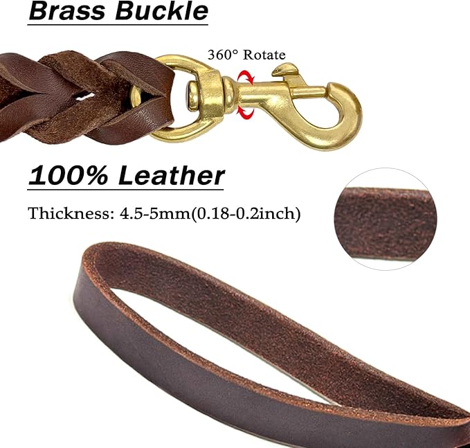 Guiding Star Leather Dog Leash 6ft, Dog Leashes for Large Dogs Heavy Duty, Soft Braided Handmade Leather Training Leash for Large & Medium Dogs (6ftx1/2inch, Brown)