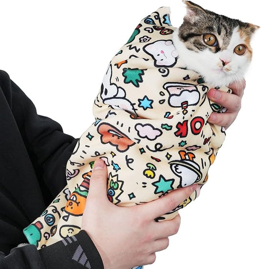 27.6" Large Cat Grooming Wrap – Anti-Escape Cat Wrap for Cutting Nails, Brushing & Medication – Soft, Comfortable, Reusable, Self-Adhering, Holds Cats Up to 15lbs (Elephant Cat)