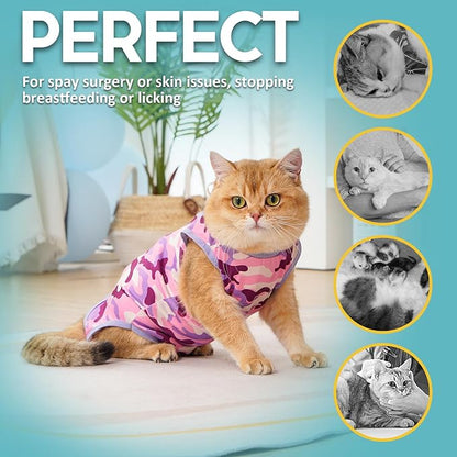 Avont Cat Recovery Suit - Kitten Onesie for Cats After Surgery, Cone of Shame Alternative Surgical Spay Suit for Female Cat, Post-Surgery or Skin Diseases Protection -Purplecamo(L)