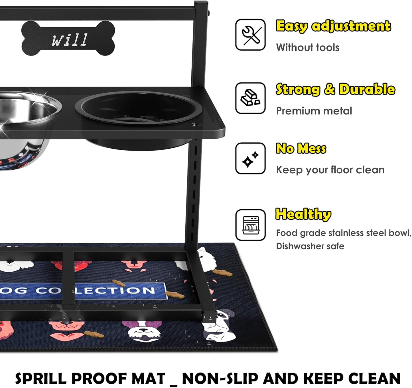 9 Height Adjustable Dog Bowl Stand with Two 1.7L Stainless Steel, Slow Feeder Bowls and Nonslip Pad, Perfect for Medium and Large Dogs