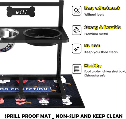9 Height Adjustable Dog Bowl Stand with Two 1.7L Stainless Steel, Slow Feeder Bowls and Nonslip Pad, Perfect for Medium and Large Dogs