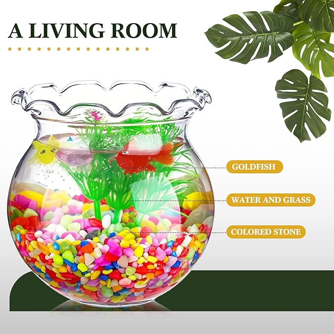 Jexine 12 Pack Plastic Fish Bowl 48 Pcs Floating Fake Goldfish 12 Pcs Artificial Aquatic Plant 2.65 Pound Tank Rock for Aquarium Tank Party Table Centerpiece Decoration Accessories(Colored Stone)